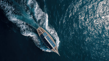 An aerial perspective capturing a sleek yacht gliding through vibrant blue ocean water, creating a dynamic contrast with the frothy waves. The scene embodies adventure and luxury on a warm sunny day.の素材