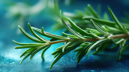 A stunning close-up image of fresh green rosemary, highlighting its delicate leaves against a soft blue background, perfect for culinary use or herbal inspiration.の素材