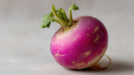 A close-up of a fresh purple radish with leaves, showcasing its vibrant color and natural beauty. Ideal for health, cooking, and gardening themes.の素材