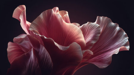 A stunning composition featuring silky pink petals illuminated softly against a dark background, revealing intricate details and organic beauty.の素材