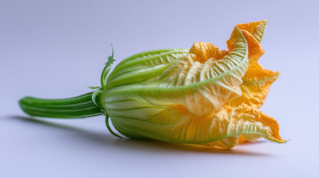 A stunning close-up of a zucchini flower showcasing its vibrant yellow petals and intricate green texture, perfect for culinary or gardening inspiration.の素材