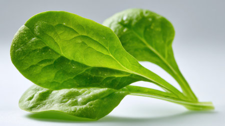 Close-up view of fresh spinach leaves on a light background showcases the vibrant color and texture, perfect for healthy meal preparation.の素材