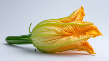 A beautiful yellow zucchini blossom resting on a white background, highlighting its intricate petal design and vibrant colors, perfect for food and nature-themed projects.の素材