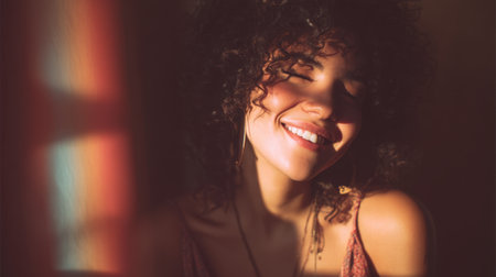 A cheerful young woman with curly hair enjoys a moment of warmth and serenity, illuminated by soft natural sunlight in a cozy indoor space.の素材