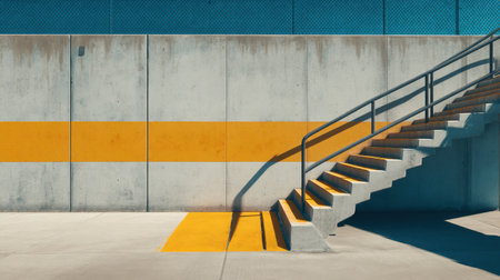 A striking image of a minimalist urban space featuring a concrete wall with vibrant yellow stripes, leading up to a modern staircase. The design emphasizes geometric shapes and clean lines, set against a bright blue sky.の素材