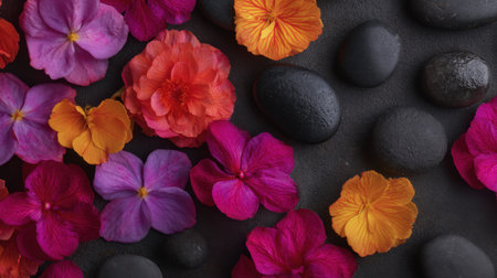 A stunning arrangement of colorful flowers set against smooth black stones, creating a harmonious blend of nature's beauty and elegance.の素材