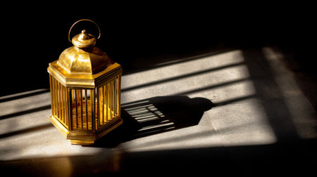 A beautiful antique brass lantern sits alone, casting intricate shadows on a dark surface, evoking warmth and nostalgia for timeless decor.の素材