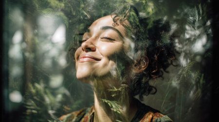 A joyful woman basks in the warmth of sunlight while surrounded by lush greenery, capturing a moment of serenity and happiness in nature.の素材