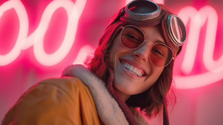 A vibrant portrait of a young woman with retro goggles enjoying a joyful moment against a striking neon backdrop, radiating happiness and style.の素材