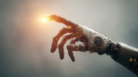 A futuristic robotic hand extends towards a glowing light, embodying the intersection of technology and humanity. This image illustrates innovation and digital communication.の素材