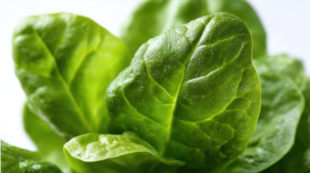 Close-up view of fresh green lettuce leaves with textured surfaces and glistening water droplets, perfect for promoting healthy eating and recipes.の素材