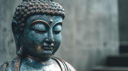 A close-up view of a serene Buddha sculpture showcasing intricate details and textures against a soft background, ideal for promoting tranquility and mindfulness.の素材