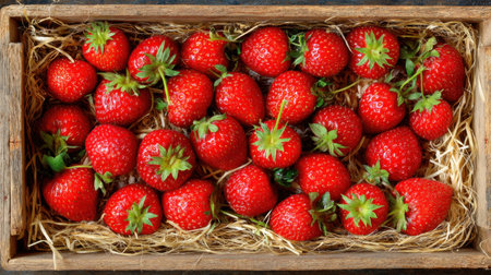 A collection of fresh strawberries arranged in a rustic wooden box filled with straw, showcasing their vibrant colors and juicy texture, perfect for summer recipes or healthy snacks.の素材
