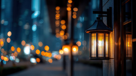 A beautiful city street scene featuring a glowing lantern that casts warm light, creating a cozy atmosphere amidst a vibrant bokeh background.の素材