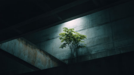 This image showcases a solitary tree flourishing in a dimly lit urban concrete space, embodying nature's persistence amidst modern structures.の素材