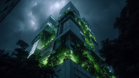 Captivating modern architecture featuring a vertical garden against a backdrop of dark storm clouds, illuminated beautifully at night, showcasing innovative design.の素材