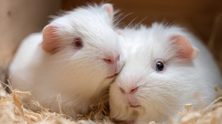 Capture the essence of companionship with this delightful image of two fluffy white guinea pigs snuggling together, surrounded by soft straw bedding.の素材