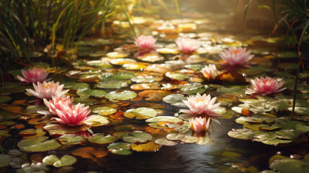 A picturesque water lily pond showcasing vibrant pink flowers and lush green leaves, bathed in gentle sunlight, creates a tranquil outdoor scene.の素材