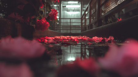 A tranquil pathway adorned with vibrant flower petals reflecting soft red light on calm water, creating an enchanting atmosphere.の素材