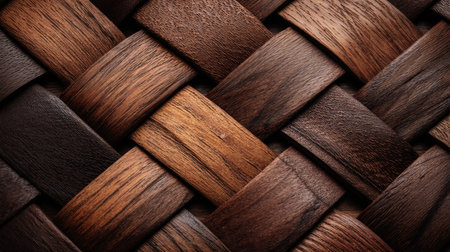 This image showcases a detailed view of intricately woven wooden strips in rich shades of brown and tan, highlighting their natural texture and warmth.の素材