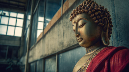 Enjoy a captivating view of a serene Buddha statue against an industrial backdrop, emphasizing peace, calm, and spirituality in design.の素材