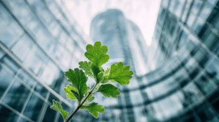 A vibrant green plant with fresh leaves stands out against a backdrop of modern glass buildings reflecting the city skyline, capturing the essence of nature and urban life.の素材