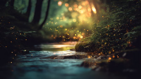 Immerse yourself in a serene scene featuring a flowing stream in a glowing forest filled with fireflies. Perfect for tranquil escapes.の素材