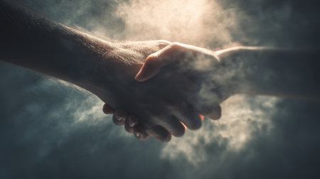 A captivating scene of two hands shaking surrounded by mist and soft light, capturing the essence of unity and connection. Ideal for themes of collaboration and human relationships.の素材