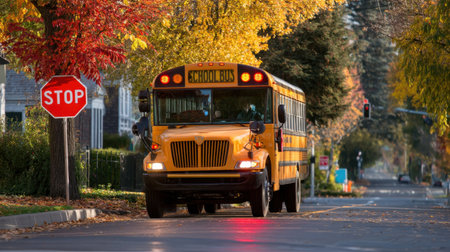 A vibrant yellow school bus halts at a stop sign in a picturesque neighborhood, surrounded by colorful autumn foliage, ensuring safe transit for children in the area.の素材