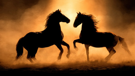 Experience the captivating beauty of horses in motion captured against a misty backdrop at sunrise, creating a stunning silhouette effect. Ideal for artistic projects.の素材