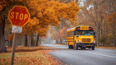 A lively autumn scene featuring a yellow school bus driving on a quiet country road with colorful foliage and a stop sign, encapsulating the essence of fall.の素材
