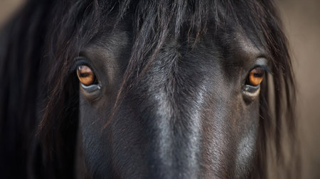 A stunning close-up photograph of a black horse, showcasing its expressive brown eyes and flowing mane, symbolizing beauty and elegance in the animal kingdom.の素材