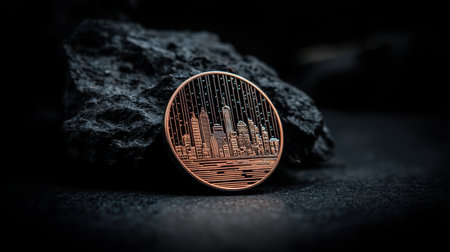 A striking modern coin featuring an intricate skyline design, resting on a textured rock surface. The artwork combines urban themes and contemporary aesthetics.の素材