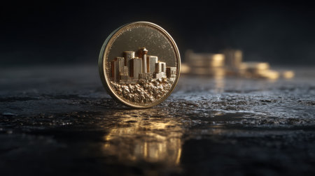 A captivating golden coin featuring a city skyline design, placed on a reflective surface. The image evokes themes of wealth and urban development.の素材