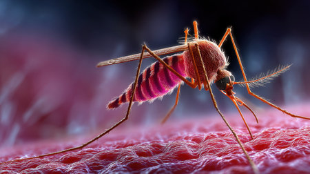 Stunning close-up image of a mosquito resting on skin, showcasing intricate details and vibrant colors, ideal for educational content on insects and health awareness.の素材