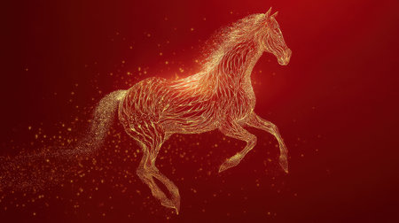 This stunning artwork features a dynamic horse in motion, surrounded by glowing particles. It symbolizes strength and beauty against a vivid red backdrop, perfect for various creative applications.の素材