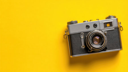 A vintage camera sits against a vibrant yellow background, highlighting its intricate details and classic appeal, perfect for photography enthusiasts.の素材