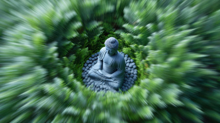 A tranquil Buddha statue sits surrounded by vibrant greenery, creating an ideal setting for meditation, reflection, and peace. The lush foliage enhances the serene atmosphere, promoting mindfulness and inner calm in a beautiful natural environment.の素材