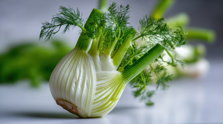 This image showcases a fresh anise bulb with vibrant green fronds set against a clean white background, perfect for culinary or health-related contexts.の素材