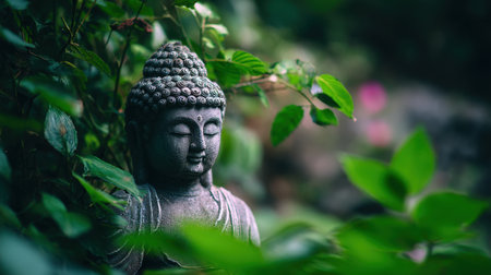 A serene Buddha statue emerges from lush green leaves, embodying tranquility and calmness. This peaceful scene serves as an ideal backdrop for meditation and relaxation in nature.の素材