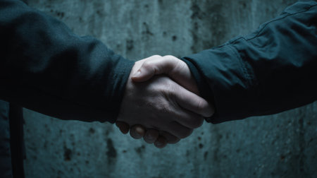 This image captures a close-up of two hands engaged in a firm handshake, symbolizing agreement and collaboration, against a textured concrete background with soft lighting.の素材