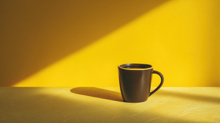 A striking image of a black coffee cup set against a bright yellow background, showcasing dramatic shadows and soft light, perfect for lifestyle and decor themes.の素材
