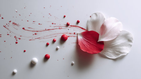 This captivating image showcases elegant red and white flower petals artfully scattered with colorful accents, creating a visually striking composition.の素材
