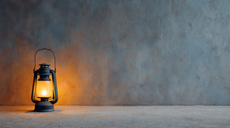 A vintage lantern radiates warm light in a serene setting, casting soft shadows on a textured concrete wall, evoking a cozy ambiance perfect for relaxation.の素材