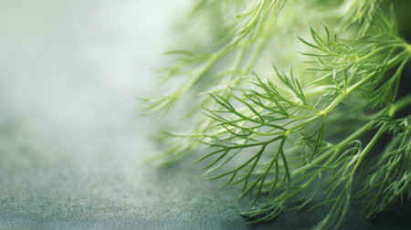 This image features fresh dill sprigs with vibrant green leaves, captured in soft focus, creating a serene and calming culinary aesthetic.の素材
