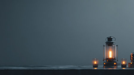 A vintage lantern and glowing candles rest on a sleek table, creating a serene atmosphere against a minimalistic dark backdrop, perfect for decorations.の素材