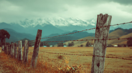 Stunning view of a rustic wooden fence with barbed wire set against a backdrop of majestic mountains and dramatic clouds, showcasing nature's beauty.の素材