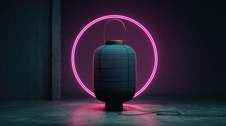 A striking modern lantern emitting a soft glow, set against a dark background and framed by a vibrant neon circle, creating a captivating ambiance.の素材