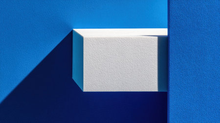 This image features a minimalist white block against a rich blue background, showcasing geometric shapes, textures, and shadows for modern design.の素材
