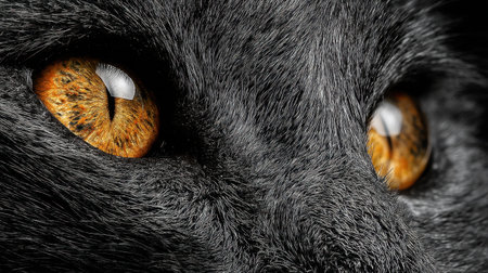 This captivating close-up image showcases the mesmerizing eyes of a black cat, highlighting the vibrant orange irises and intricate fur texture. Ideal for animal lovers.の素材